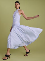 FLORERE High Neck Lace Lined Tape Sleeveless Midi Dress - Dusty Blue - UK 14