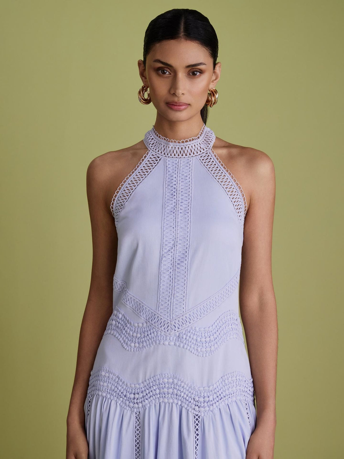 FLORERE High Neck Lace Lined Tape Sleeveless Midi Dress - Dusty Blue - UK 14