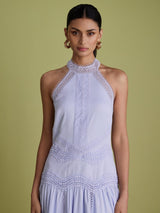 FLORERE High Neck Lace Lined Tape Sleeveless Midi Dress - Dusty Blue - UK 14