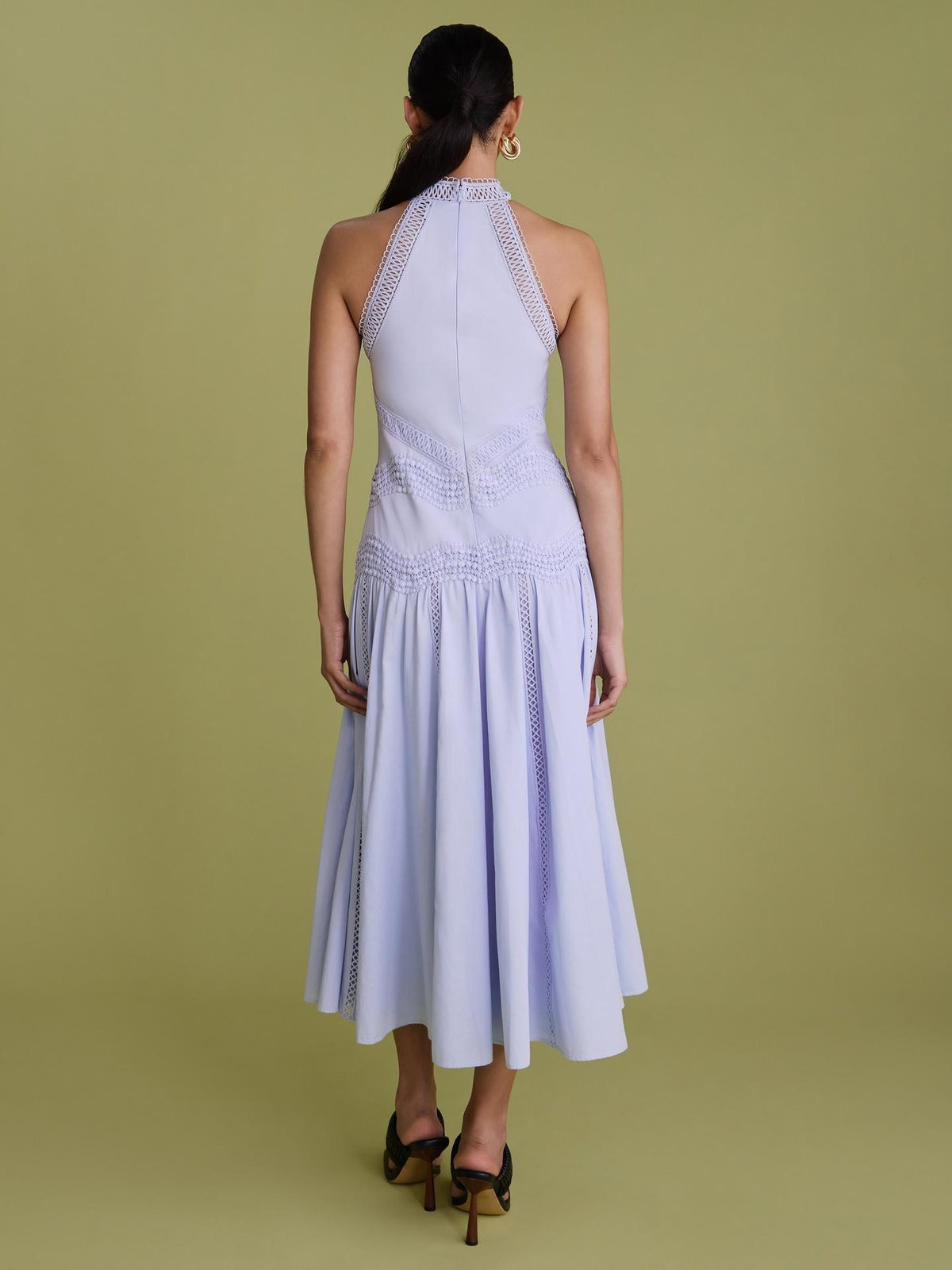 FLORERE High Neck Lace Lined Tape Sleeveless Midi Dress - Dusty Blue - UK 14
