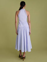 FLORERE High Neck Lace Lined Tape Sleeveless Midi Dress - Dusty Blue - UK 14