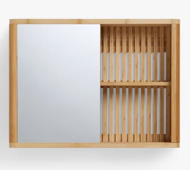John Lewis Mirrored Slatted Bamboo 1 Shelf Bathroom Wall Cabinet - Natural