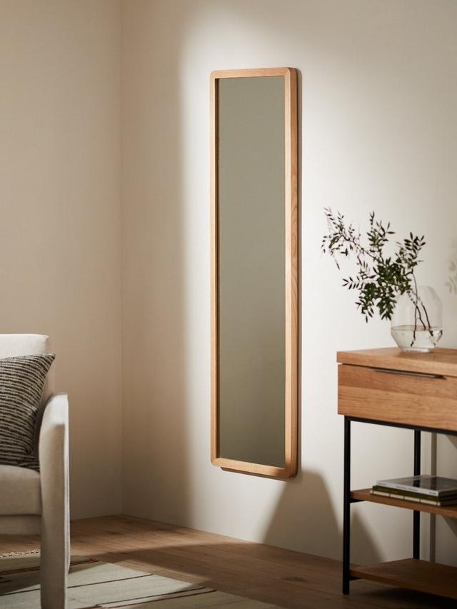 John Lewis Slim Rectangular Solid Oak Wood Hall Mirror 140 x 43cm - Natural
