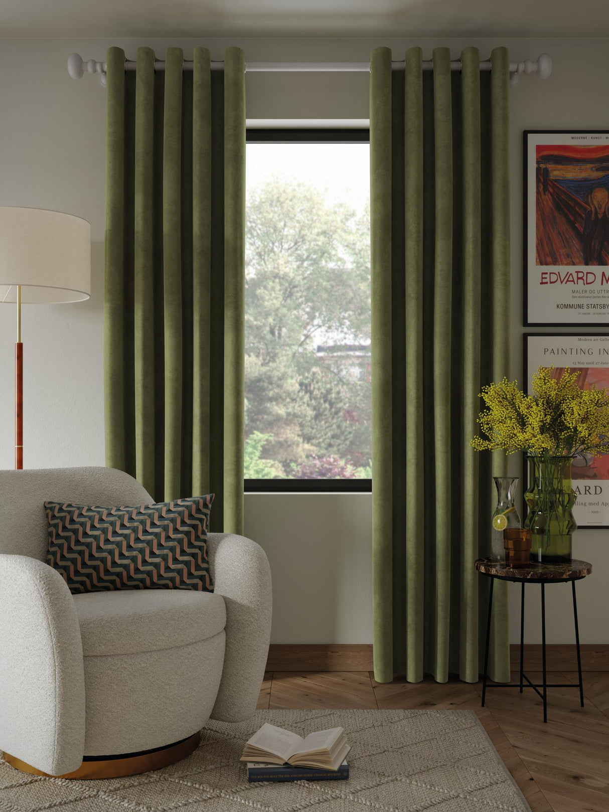 John Lewis Velvet Pair Lined Eyelet Curtains - Avocado - W167 x Drop 274cm