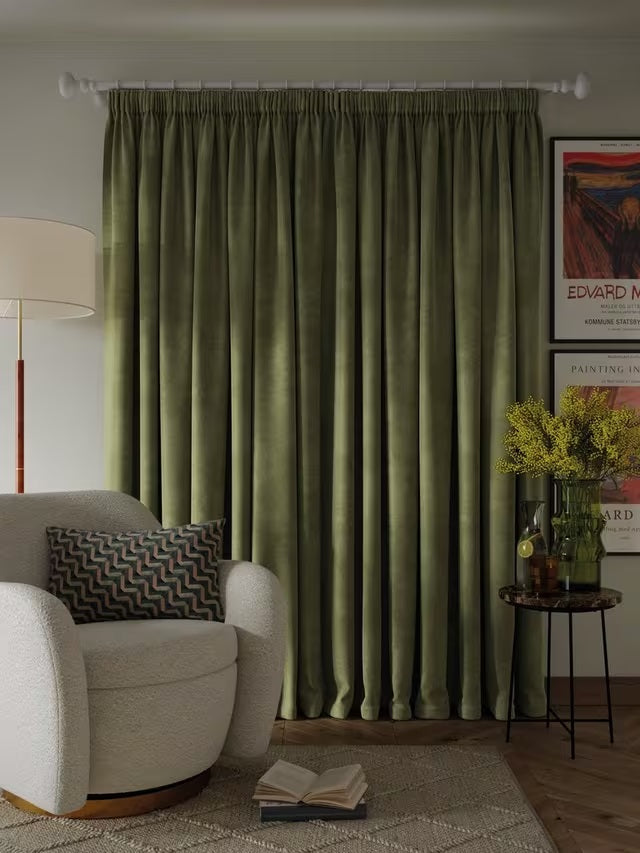 John Lewis Velvet Pair Lined Pencil Pleat Curtains 228 x 228cm - Avocado