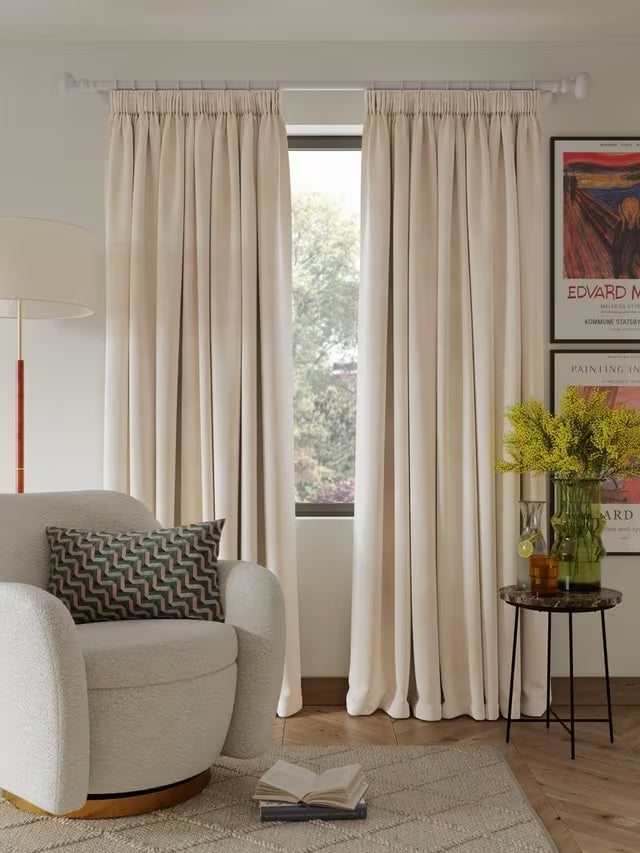 John Lewis Velvet Pair Lined Pencil Pleat Curtains - W228 x D274cm - Putty