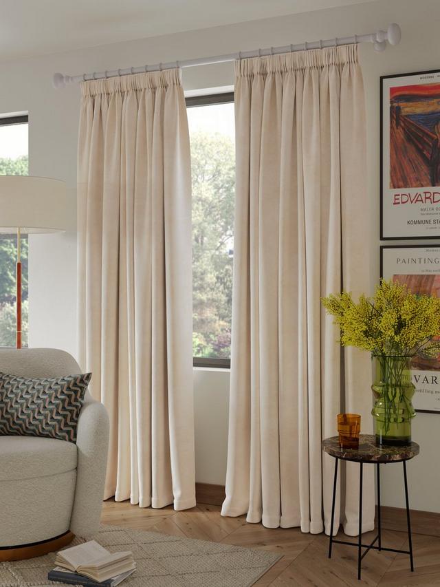 John Lewis Velvet Pair Lined Pencil Pleat Curtains - W228 x D274cm - Putty