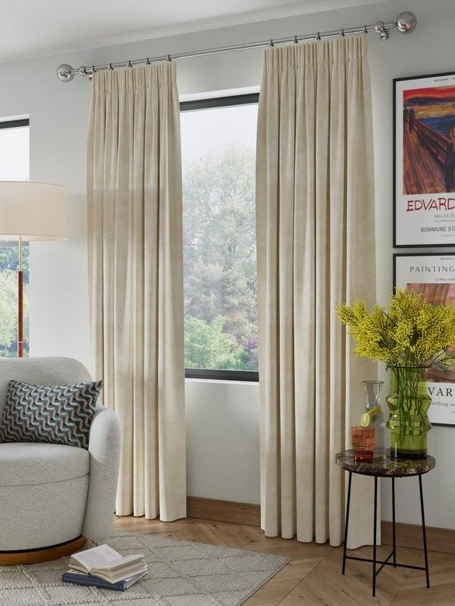 John Lewis Velvet Pair Lined Pencil Pleat Curtains W167 x Drop 274cm - Cream