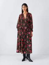 AND/OR Megan Floral Metallic Thread Flared Maxi Dress - Black/Pink - UK 12