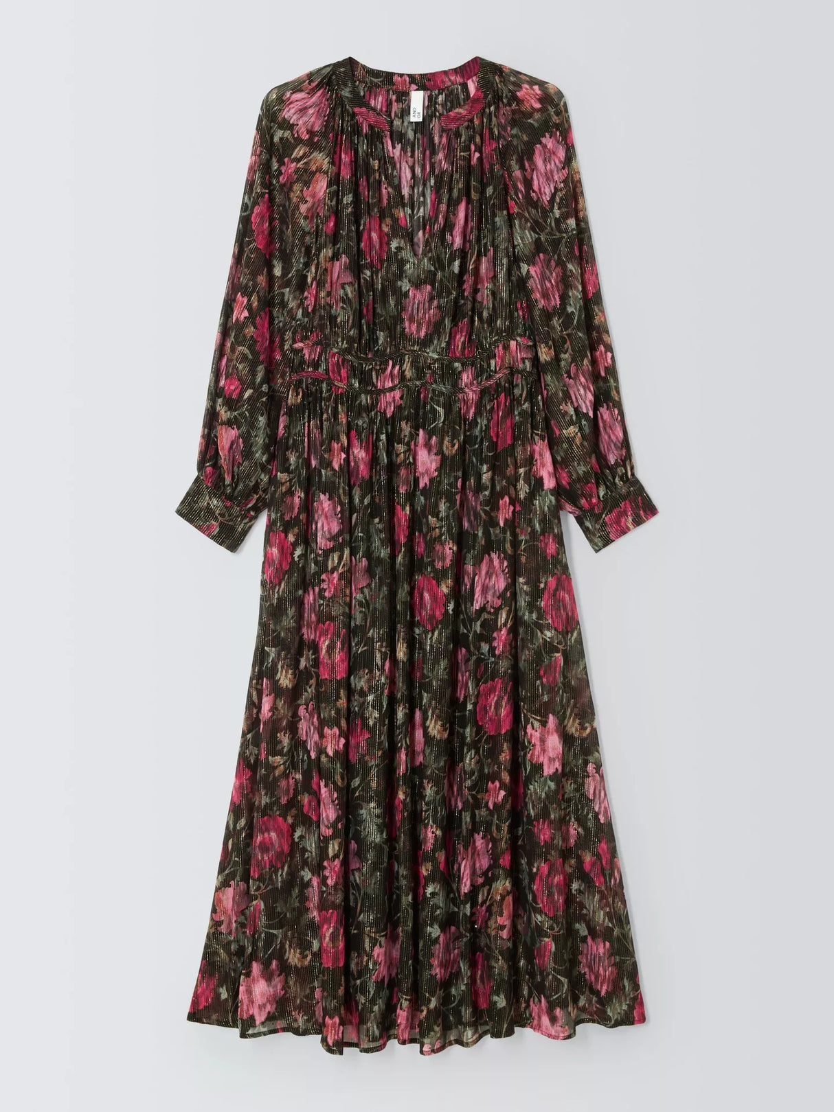 AND/OR Megan Floral Metallic Thread Flared Maxi Dress - Black/Pink - UK 12
