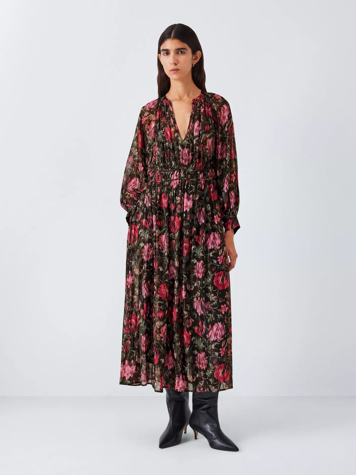 AND/OR Megan Floral Metallic Thread Long Sleeve Maxi Dress - Pink - UK 14