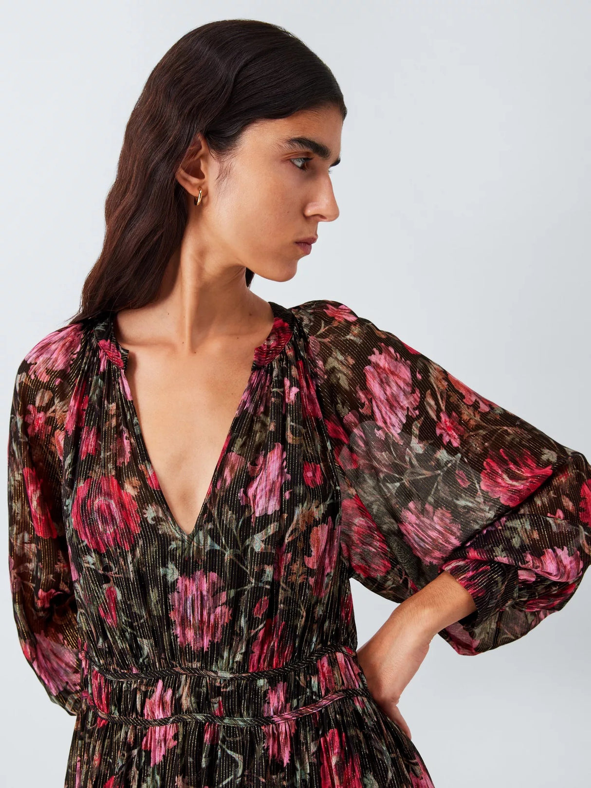 AND/OR Megan Floral Metallic Thread Long Sleeve Maxi Dress - Pink - UK 14