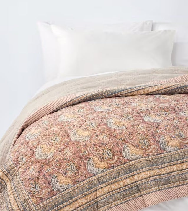 John Lewis Lotus Cotton Quilted Bedspread 220x220cm - Ochre Yellow/Soft Pink