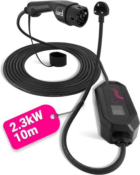 Cord Type 2 Portable EV Charger 10 metre 230V Max 2.3kW UK Plug - Black - Kazoop 