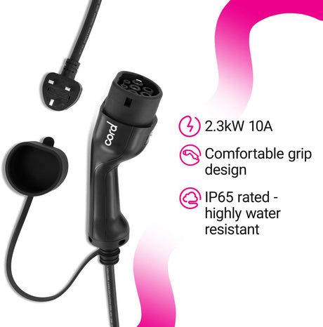 Cord Type 2 Portable EV Charger 10 metre 230V Max 2.3kW UK Plug - Black - Kazoop 