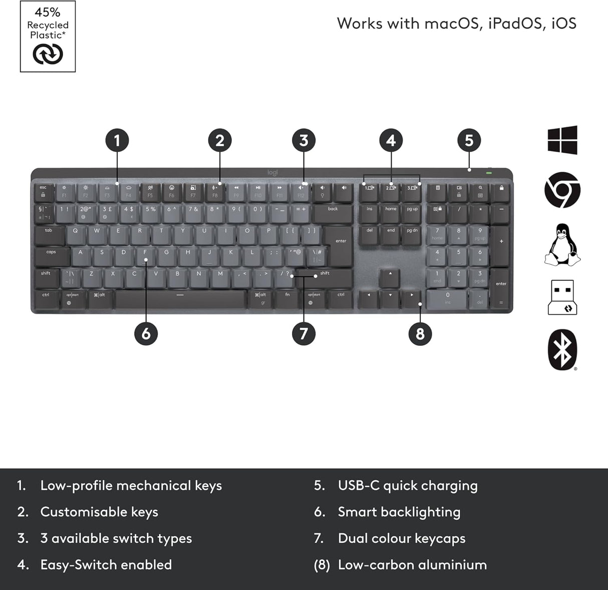Logitech MX Mechanical Bluetooth Rechargeable Wireless Keyboard - Graphite