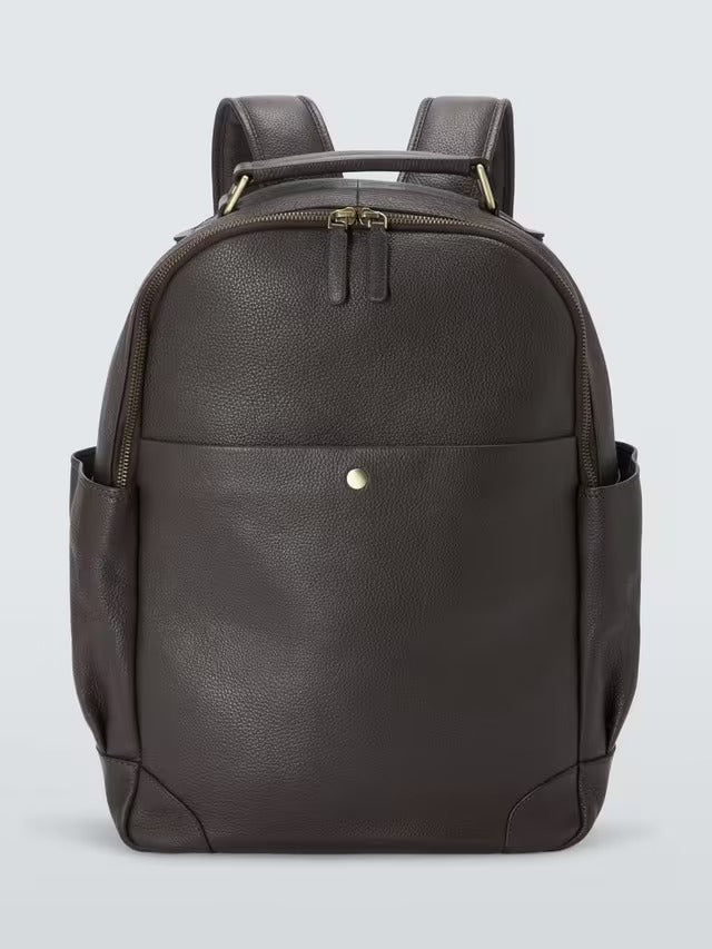 John Lewis Leather Adjustable Modern Backpack with Pockets - Dark Brown