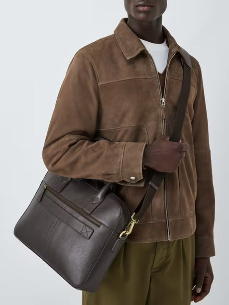 John Lewis Men's Cow Leather Travel Bag Laptop Briefcase -  Dark Brown