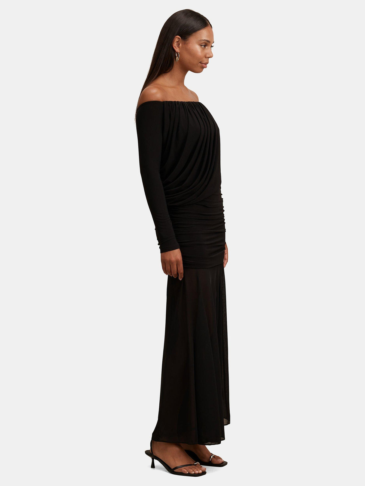 Forever New Belinda Bardot Neck Drape Long Sleeve Maxi Dress - Black - UK 12