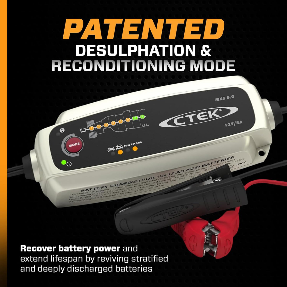 CTEK MXS 5.0 12V 5A AGM Automatic Battery Charger & Maintainer - Black/White