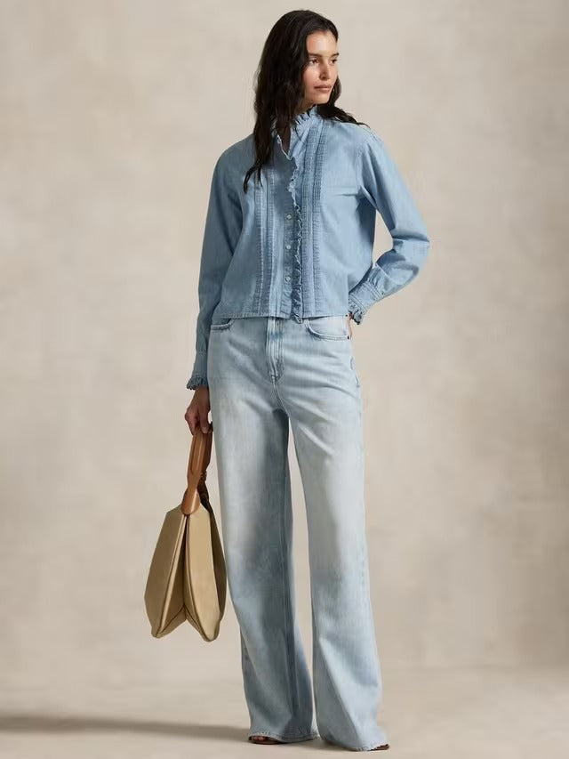 NEW Ralph Lauren Women's Cotton Chambray Ruffle Shirt - Light Blue - Size 10