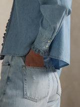 NEW Ralph Lauren Women's Cotton Chambray Ruffle Shirt - Light Blue - Size 10