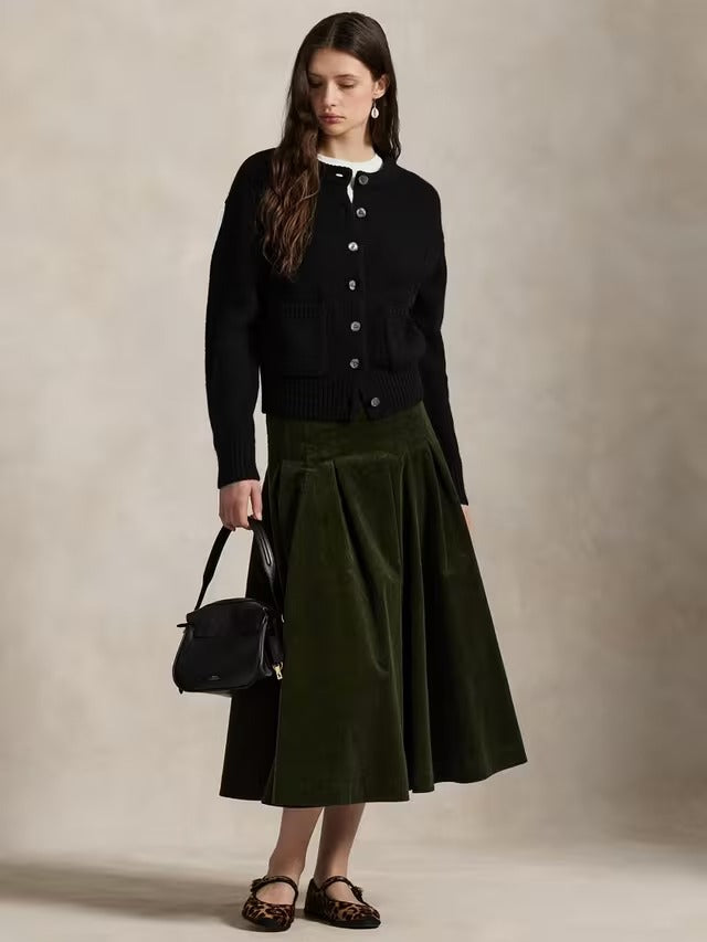 Ralph Lauren High Rise Pleated Corduroy A-Line Dark Green Midi Skirt UK 14