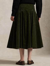 Ralph Lauren High Rise Pleated Corduroy A-Line Dark Green Midi Skirt UK 14