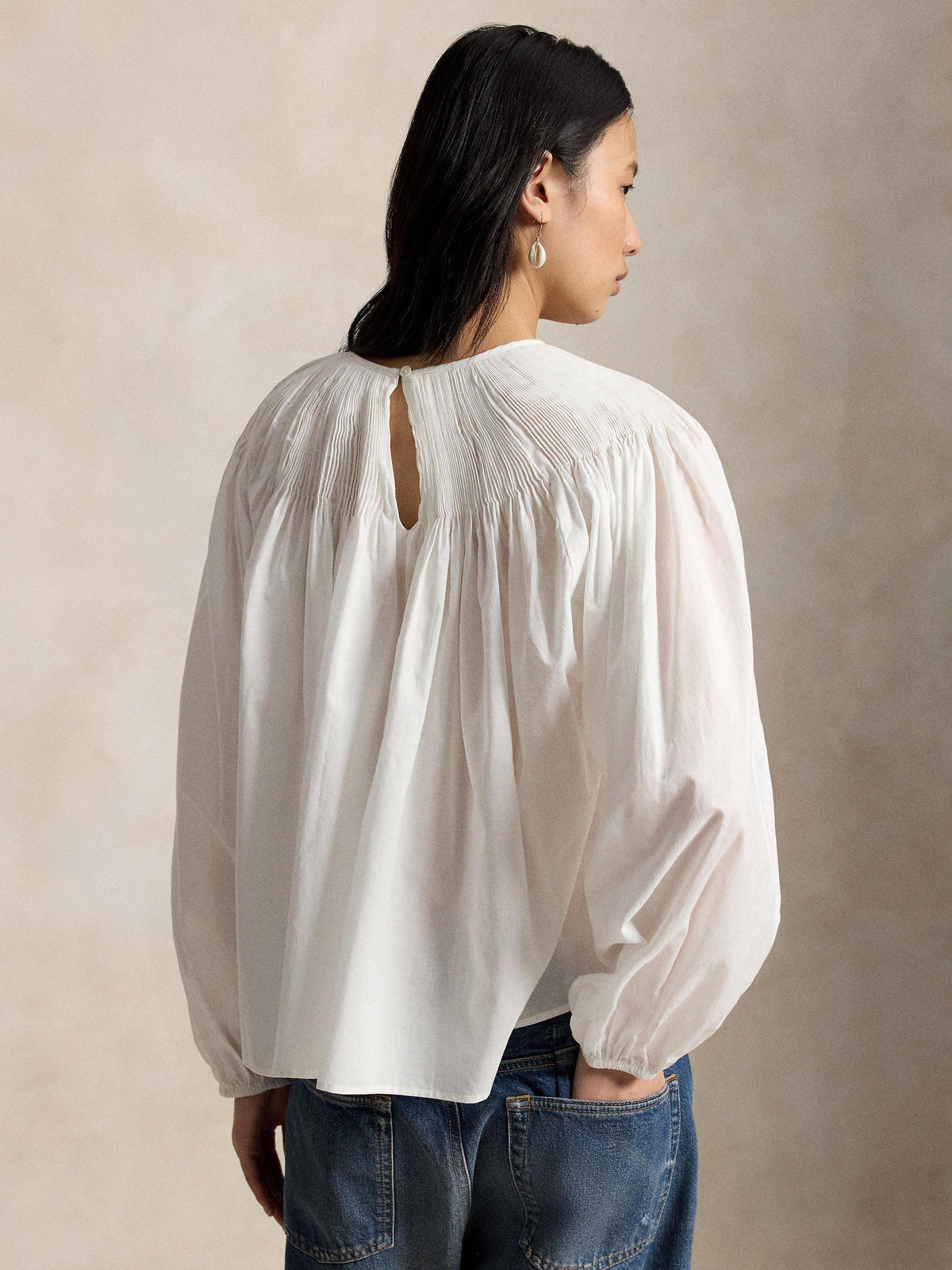 Polo Ralph Lauren Pintuck Yoke Cotton Button Top Blouse - Medium - White