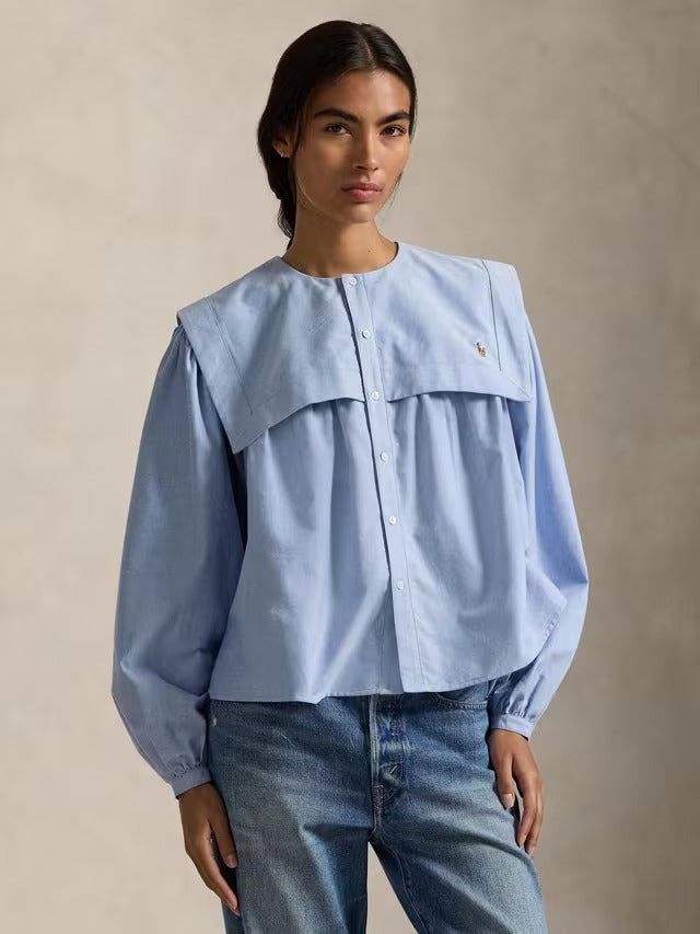 Ralph Lauren Polo Women's Bib Balloon Sleeve Oxford Shirt - Blue - UK 10