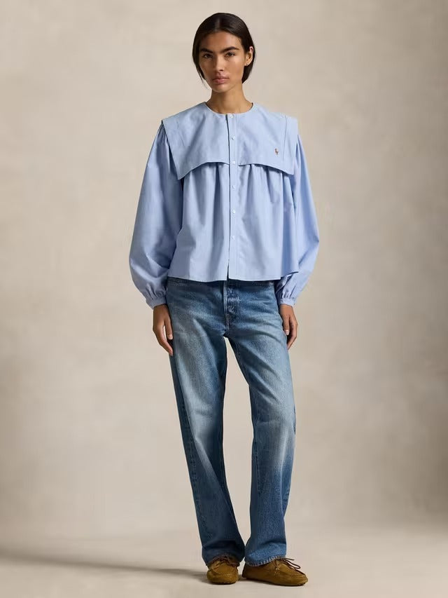 Ralph Lauren Polo Women's Bib Balloon Sleeve Oxford Shirt - Blue - UK 10