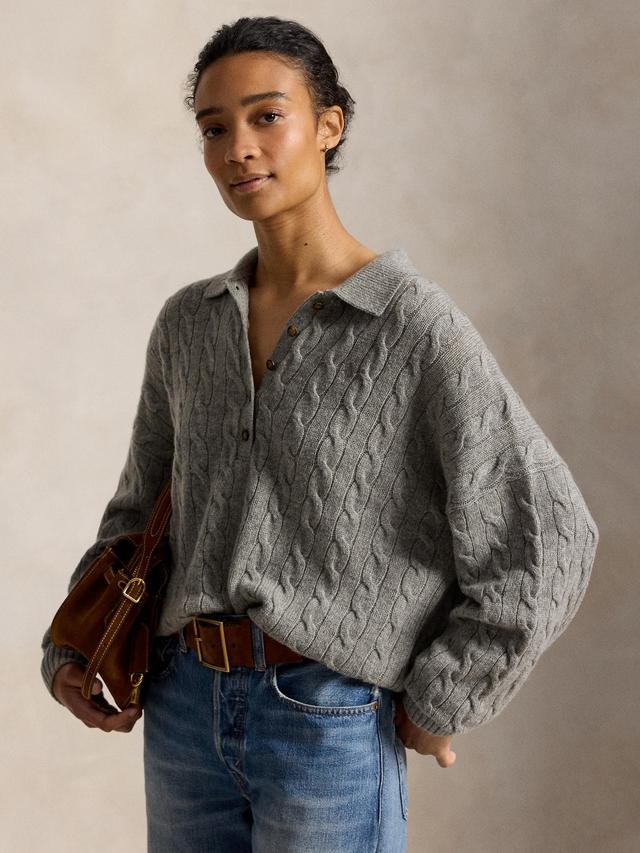 PoloRalph Lauren Cable Knit Wool Cashmere Polo Jumper - Large Size - Grey
