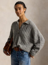 PoloRalph Lauren Cable Knit Wool Cashmere Polo Jumper - Large Size - Grey