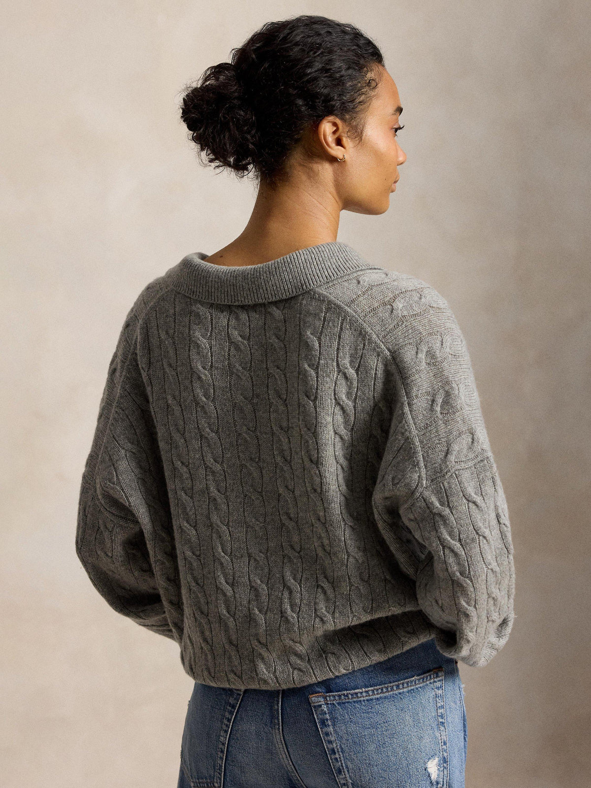 PoloRalph Lauren Cable Knit Wool Cashmere Polo Jumper - Large Size - Grey