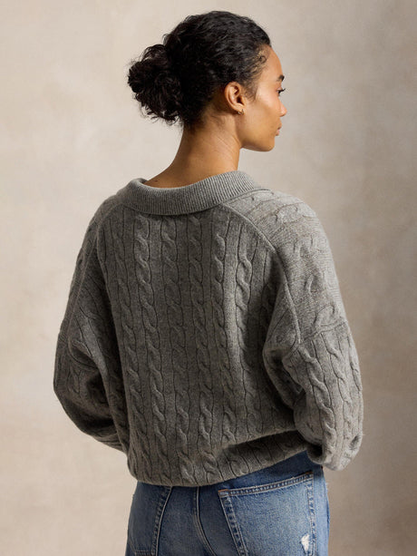 PoloRalph Lauren Cable Knit Wool Cashmere Polo Jumper - Large Size - Grey
