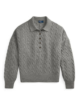 PoloRalph Lauren Cable Knit Wool Cashmere Polo Jumper - Large Size - Grey