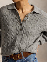PoloRalph Lauren Cable Knit Wool Cashmere Polo Jumper - Large Size - Grey