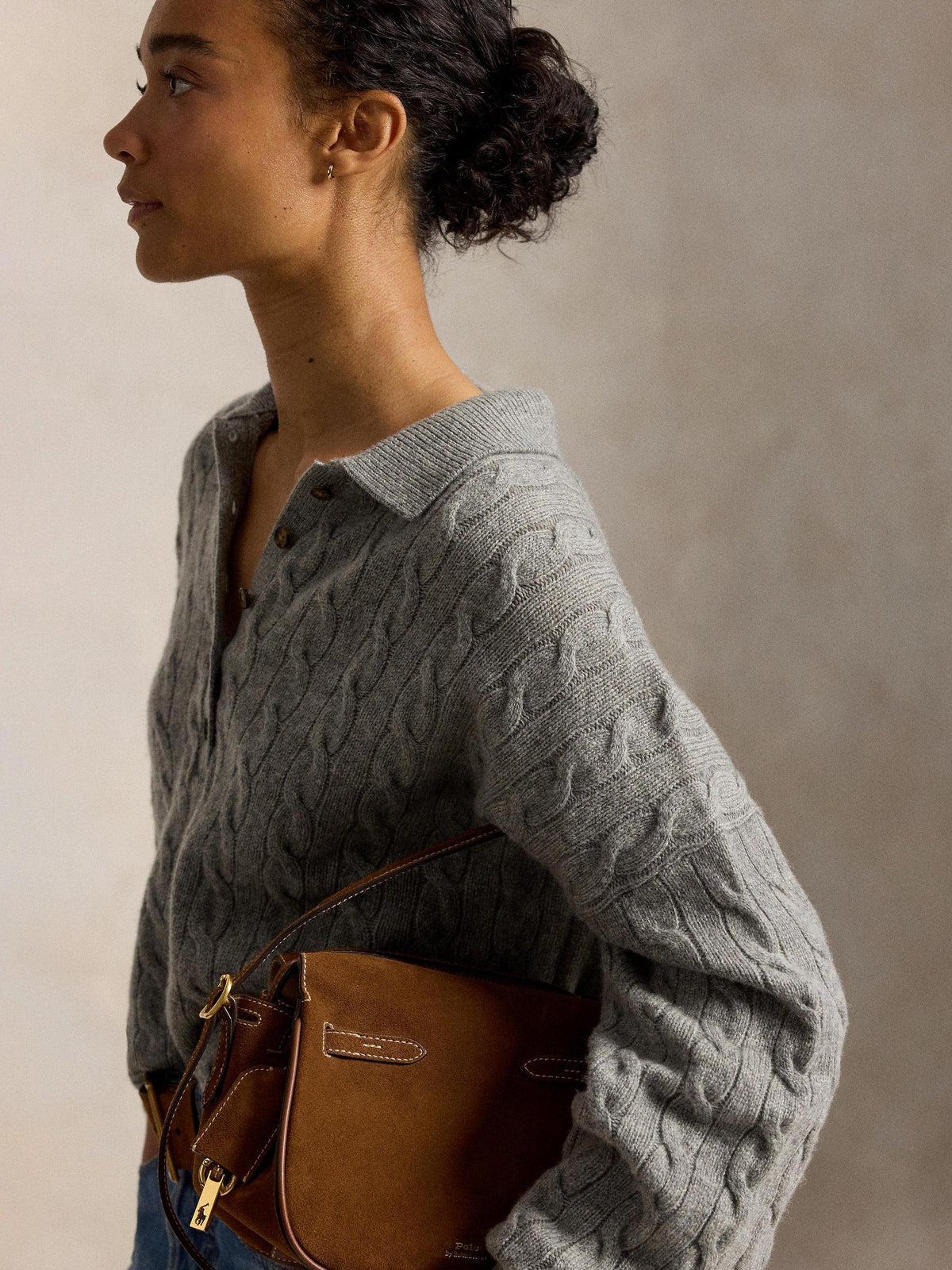 PoloRalph Lauren Cable Knit Wool Cashmere Polo Jumper - Large Size - Grey
