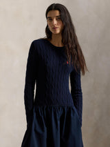 Ralph Lauren Polo Cable Knit Bodice Maxi Long Sleeve Dress - Hunter Navy - M