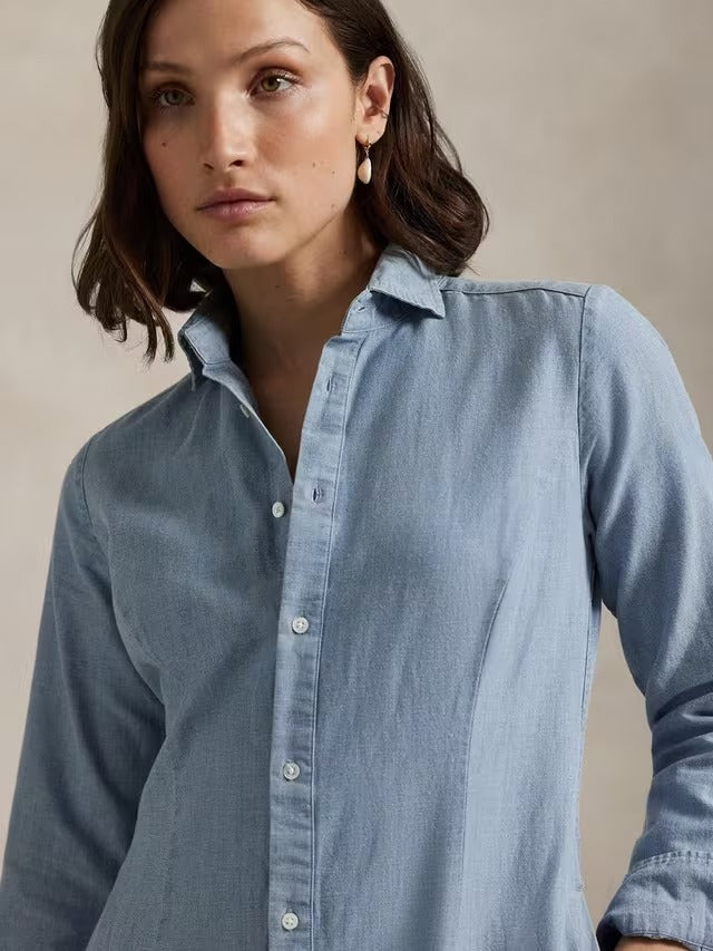 Ralph Lauren Cotton Linen Long Sleeved Shirt Dress - Light Blue - UK 16