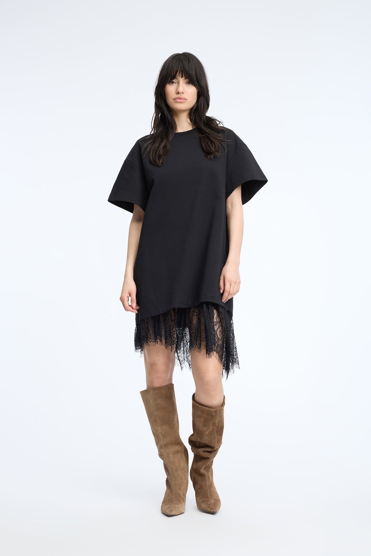 MUNTHE Rosie Short-Sleeved T-shirt Lace Hem Loose Dress - Black EU40/UK12