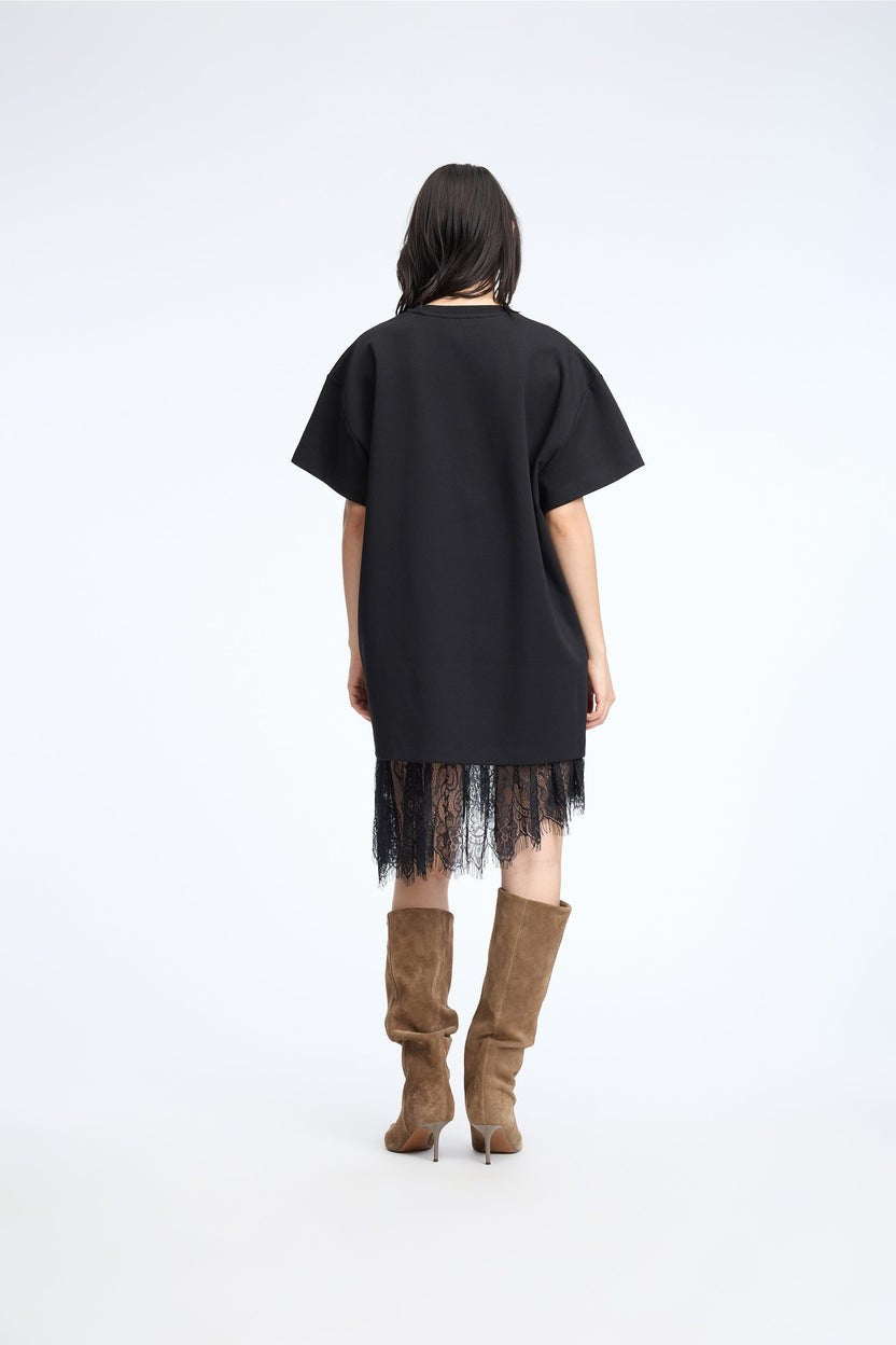 MUNTHE Rosie Short-Sleeved T-shirt Lace Hem Loose Dress - Black EU40/UK12