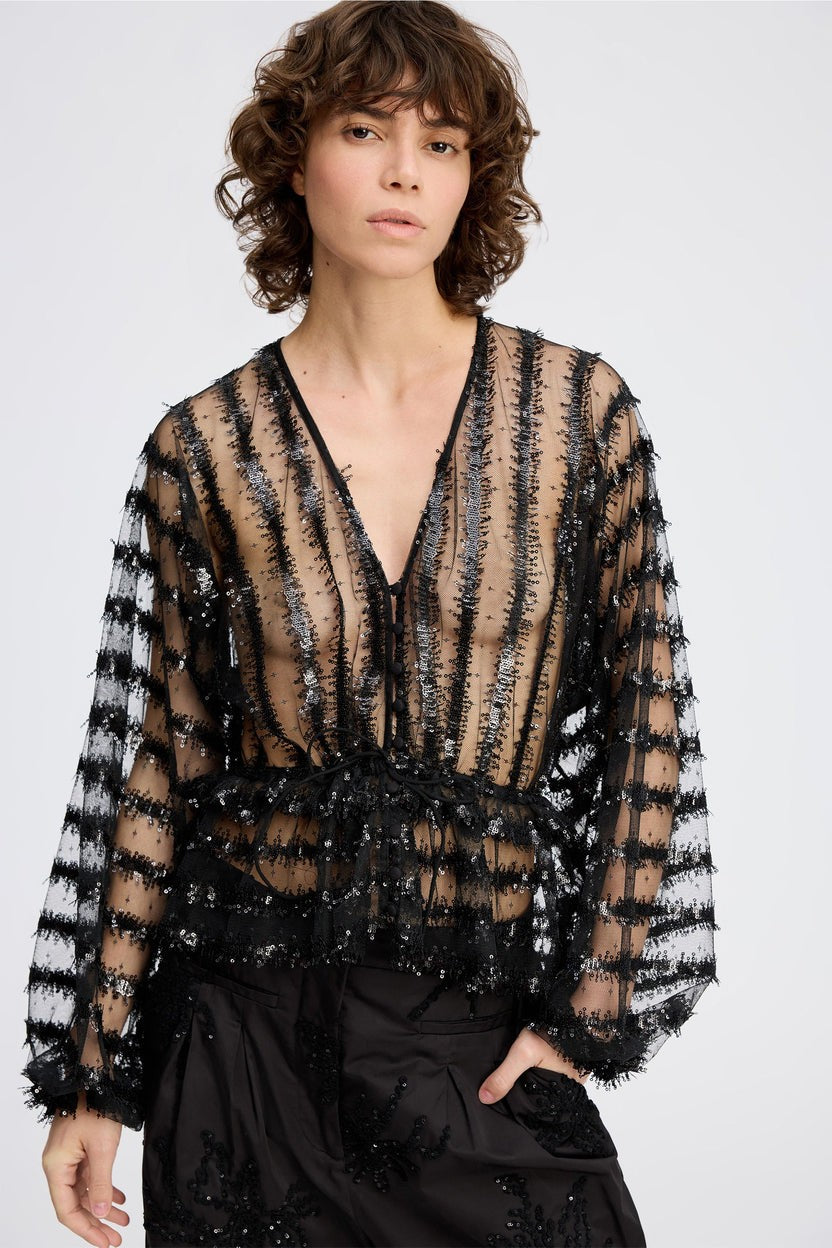 MUNTHE Remona Top V-Neck Sheer Sequin Puffed Sleeve Blouse - Black - EU 40