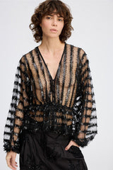 MUNTHE Remona Top V-Neck Sheer Sequin Puffed Sleeve Blouse - Black - EU 40