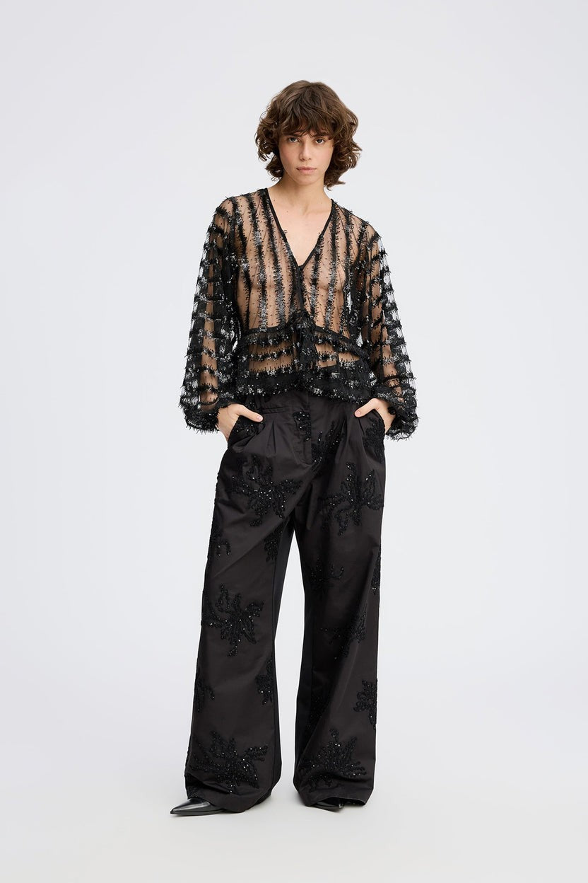 MUNTHE Remona Top V-Neck Sheer Sequin Puffed Sleeve Blouse - Black - EU 40