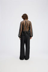 MUNTHE Remona Top V-Neck Sheer Sequin Puffed Sleeve Blouse - Black - EU 40