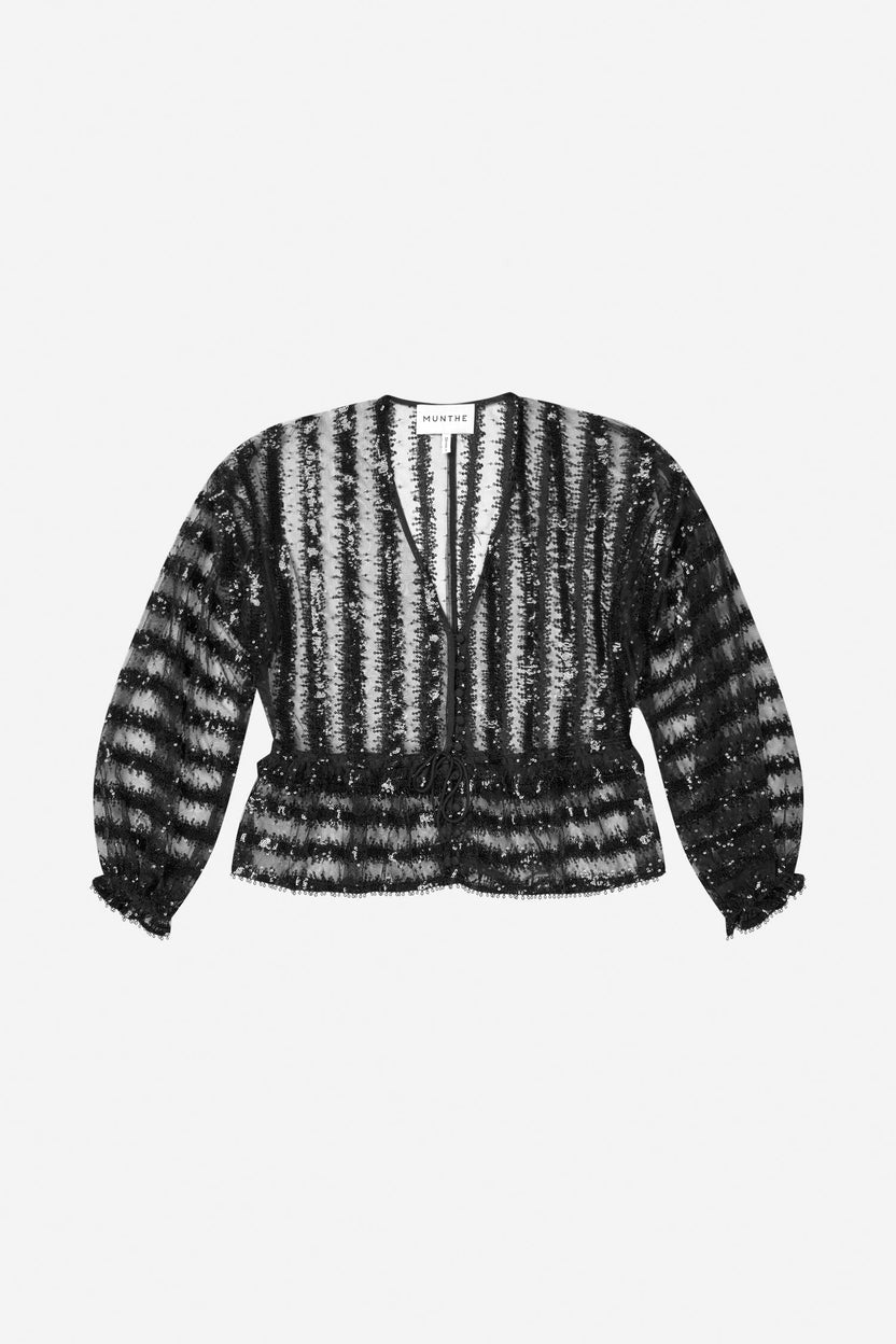 MUNTHE Remona Top V-Neck Sheer Sequin Puffed Sleeve Blouse - Black - EU 40