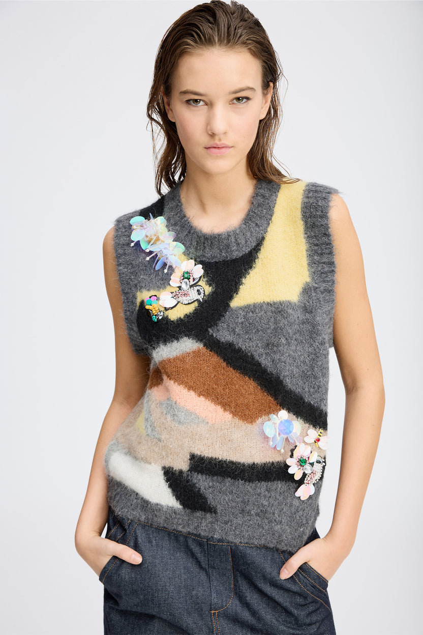 MUNTHE Women's Sleeveless Floral Abstract Rubble Knit Vest - Multi - EU 42