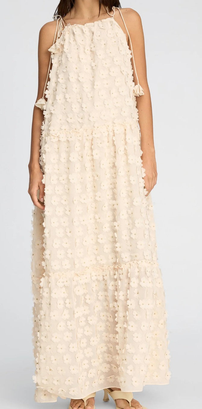 Munthe Bohdana Floral Embellishment Halterneck Maxi Dress - Creme - Size 40