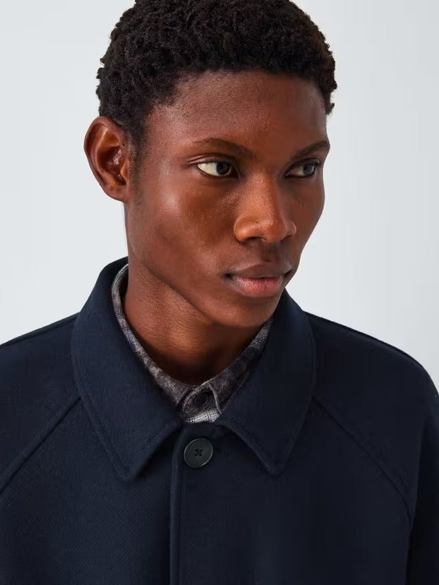 Kin Men's Wool Blend Classic Collar Button Long Car Coat - Navy - Medium